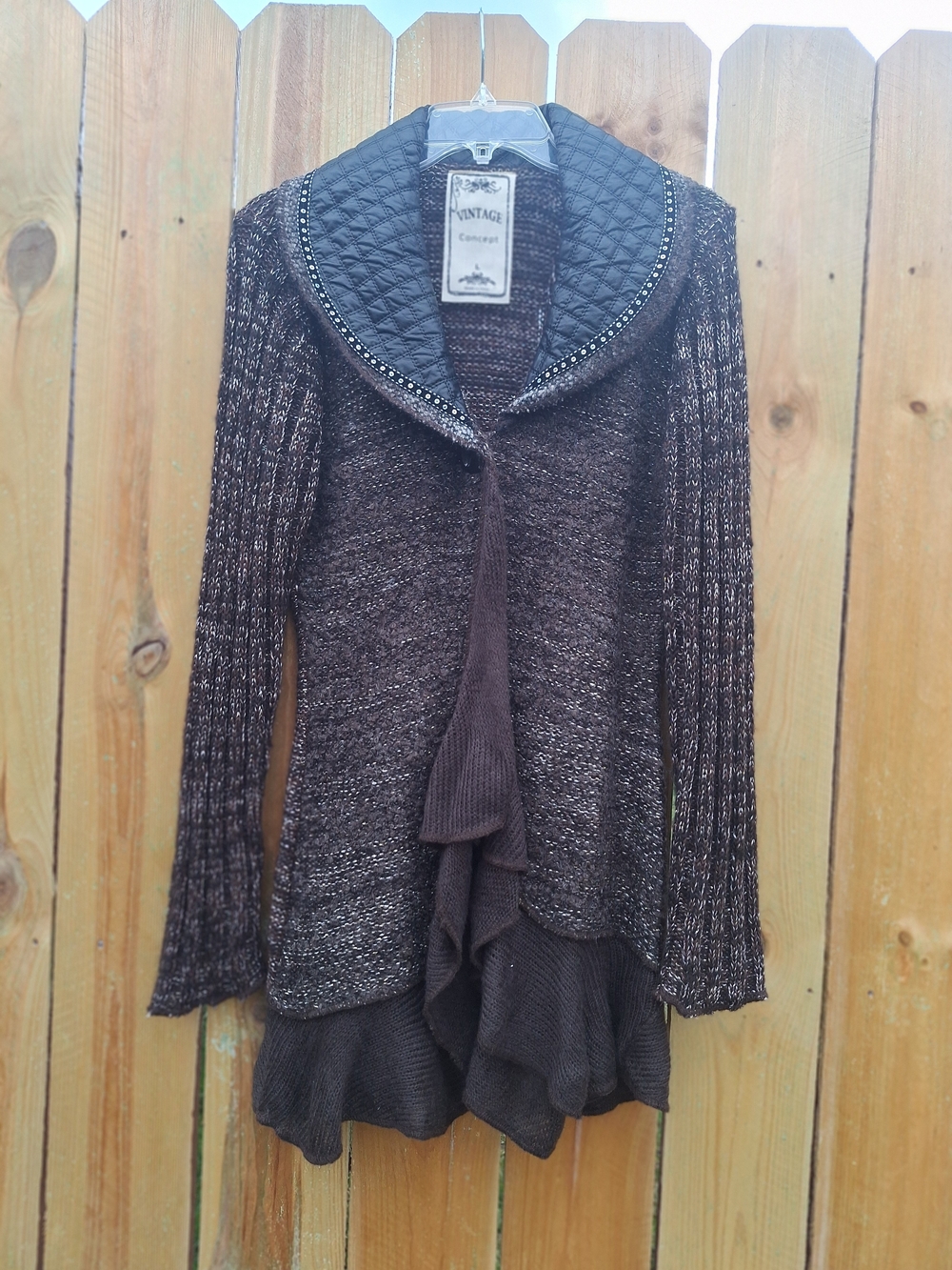 Vintage Concepts Brown Ruffle Knit Cardigan with Quilted Collar Size Large